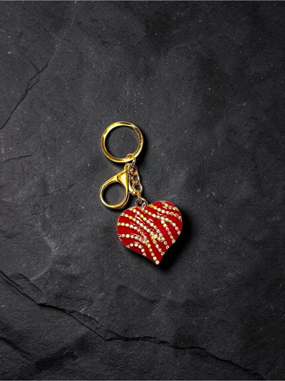 Gold-Tone Keyring with Red Crystal-Embellished Heart Charm NWT